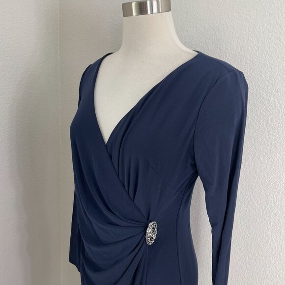 Chaps Womens 12 Navy Long Sleeve Evening Dress Rhinestone Accent Stretch - Picture 2 of 13